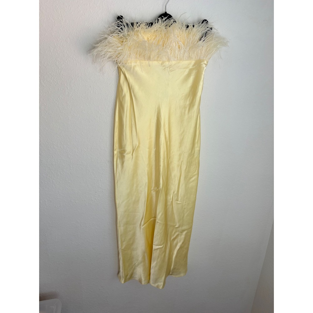 Zara Feather Trim Satin Midi Dress Medium Yellow Strapless Party wedding new - Picture 3 of 15